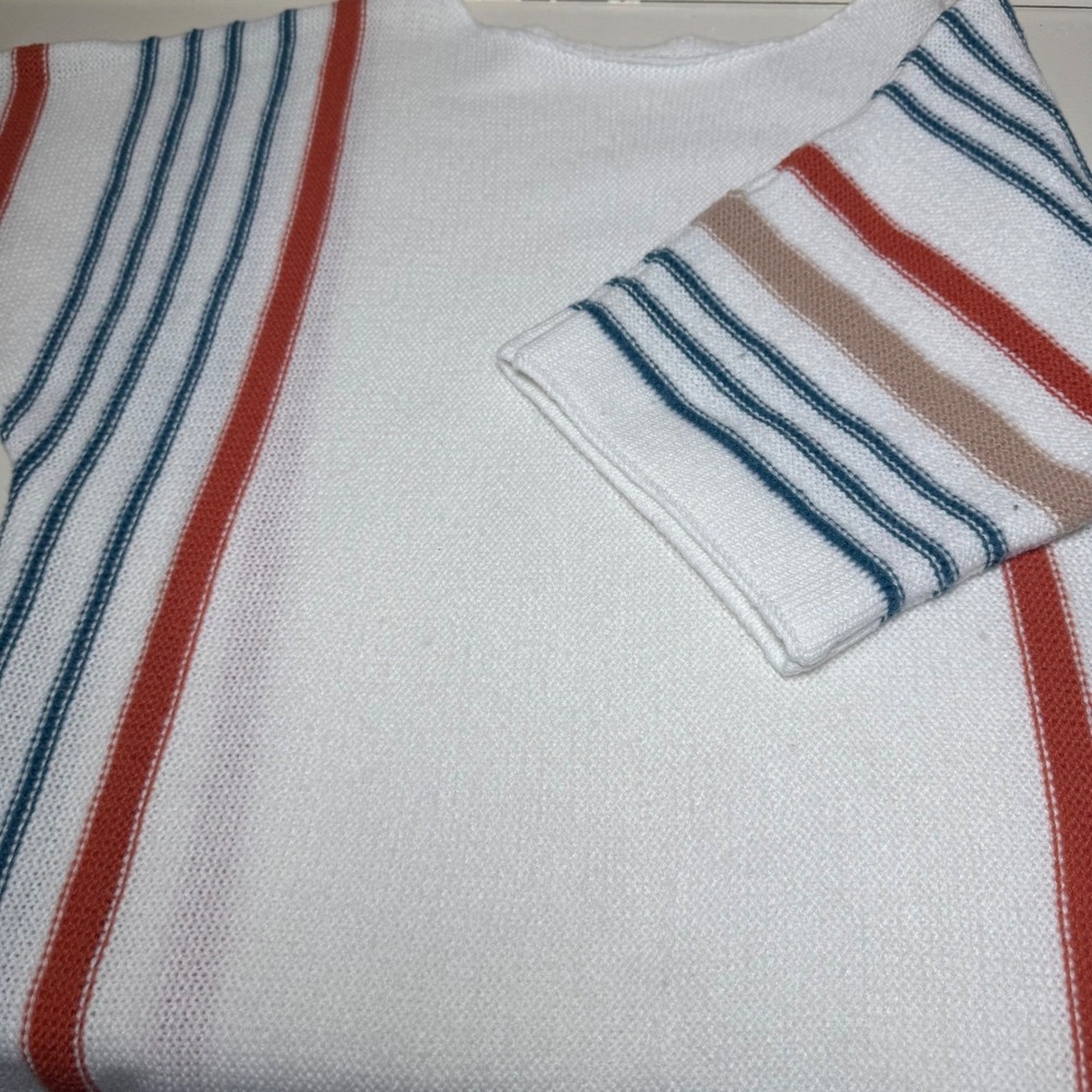 80's Core Womens White Striped Boat Neck Sweater 3/4 Sleeve Casual Knit Top - Picture 3 of 9